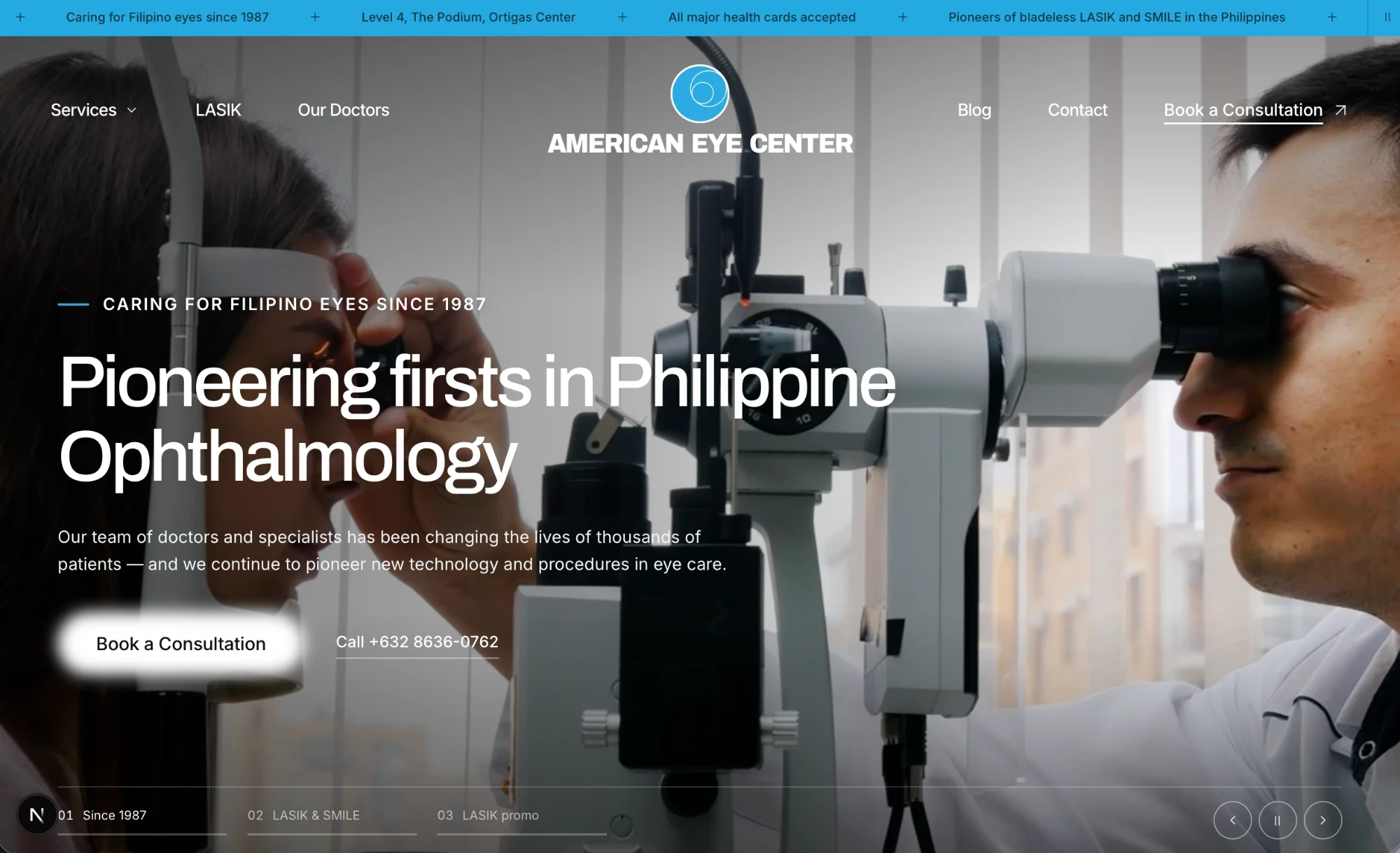 American Eye Center homepage design with cinematic eye-examination hero and consultation call to action