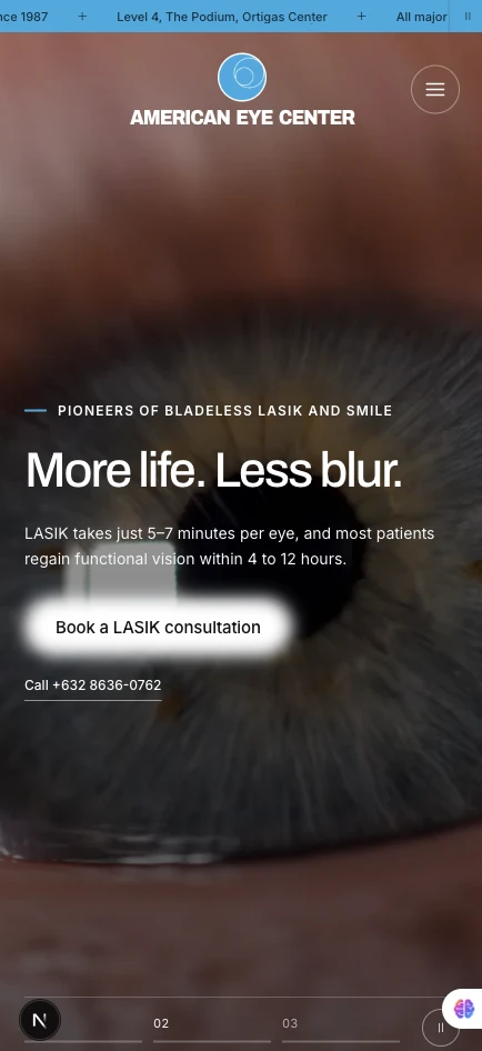 Mobile screenshot of the American Eye Center homepage with collapsed navigation and a LASIK hero