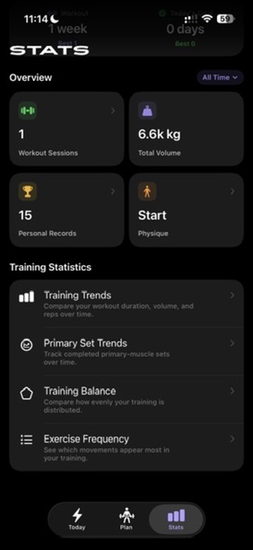 GRRT statistics screen with training trends, personal records, and exercise frequency