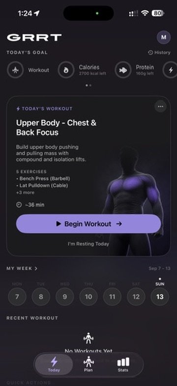 GRRT Today screen with workout and daily goals