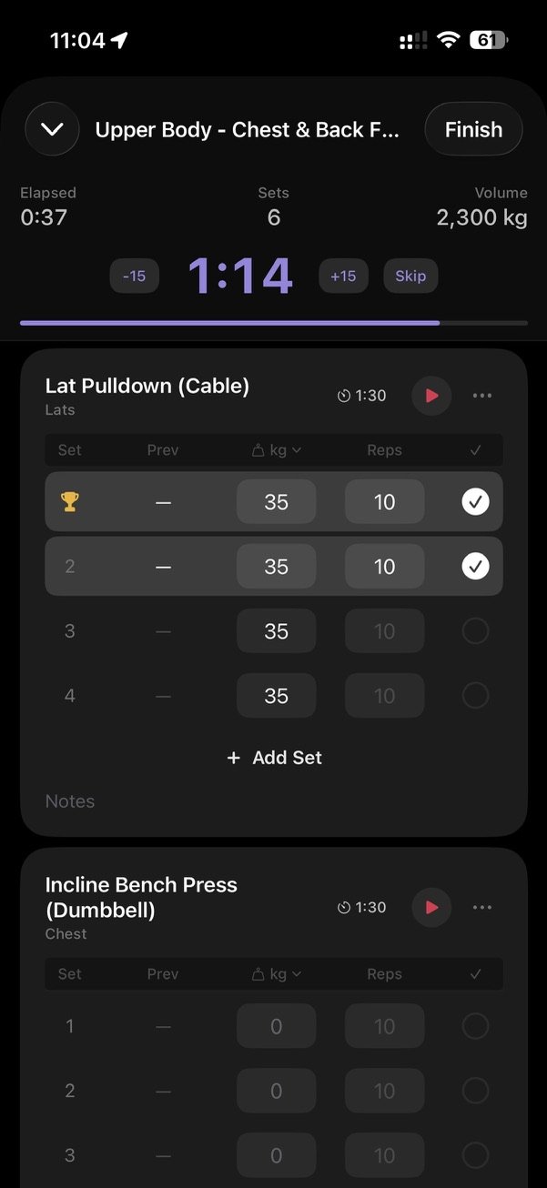 GRRT live workout showing sets, reps, weights, and a rest timer