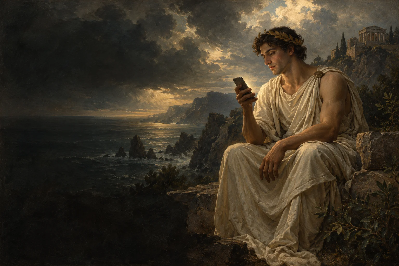 A Greek-style painted figure looking at a smartphone