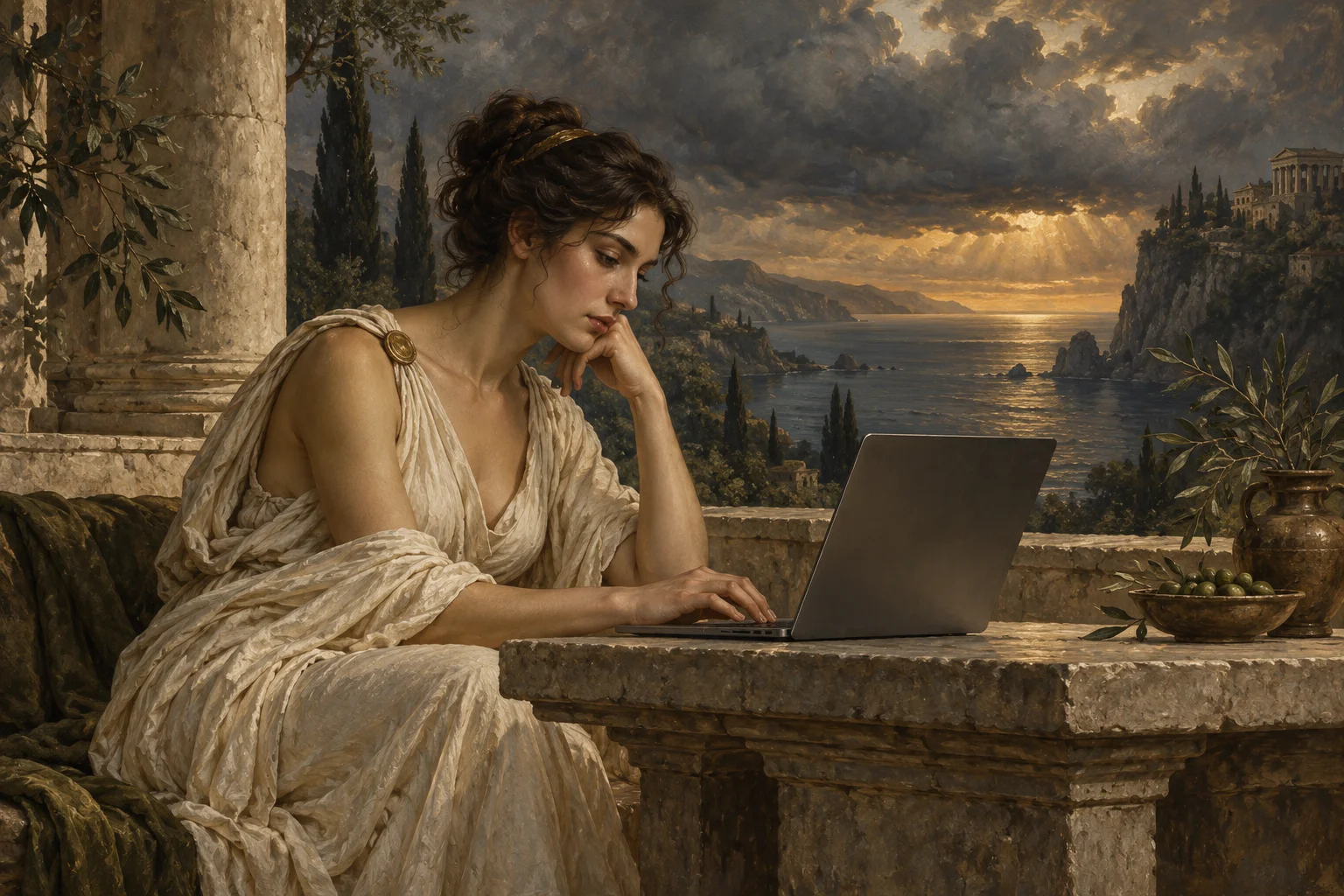 A classical figure working on a laptop at a stone table
