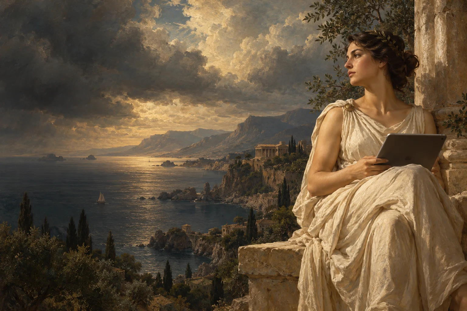 A robed figure holding a tablet beside a dramatic painted coastline